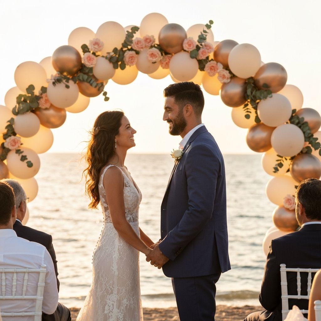 Boda de Elena y Marc en la playa con arco de globos
