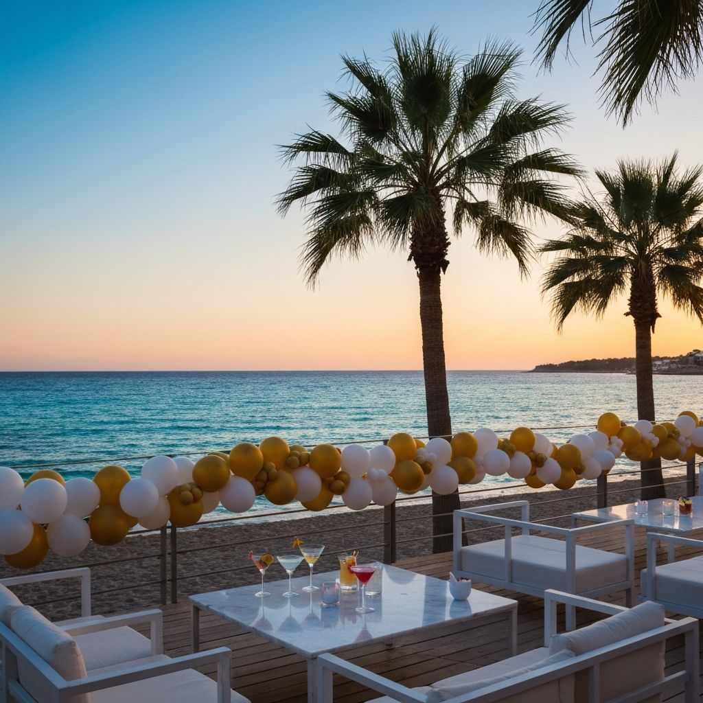 Beach club decorado al atardecer