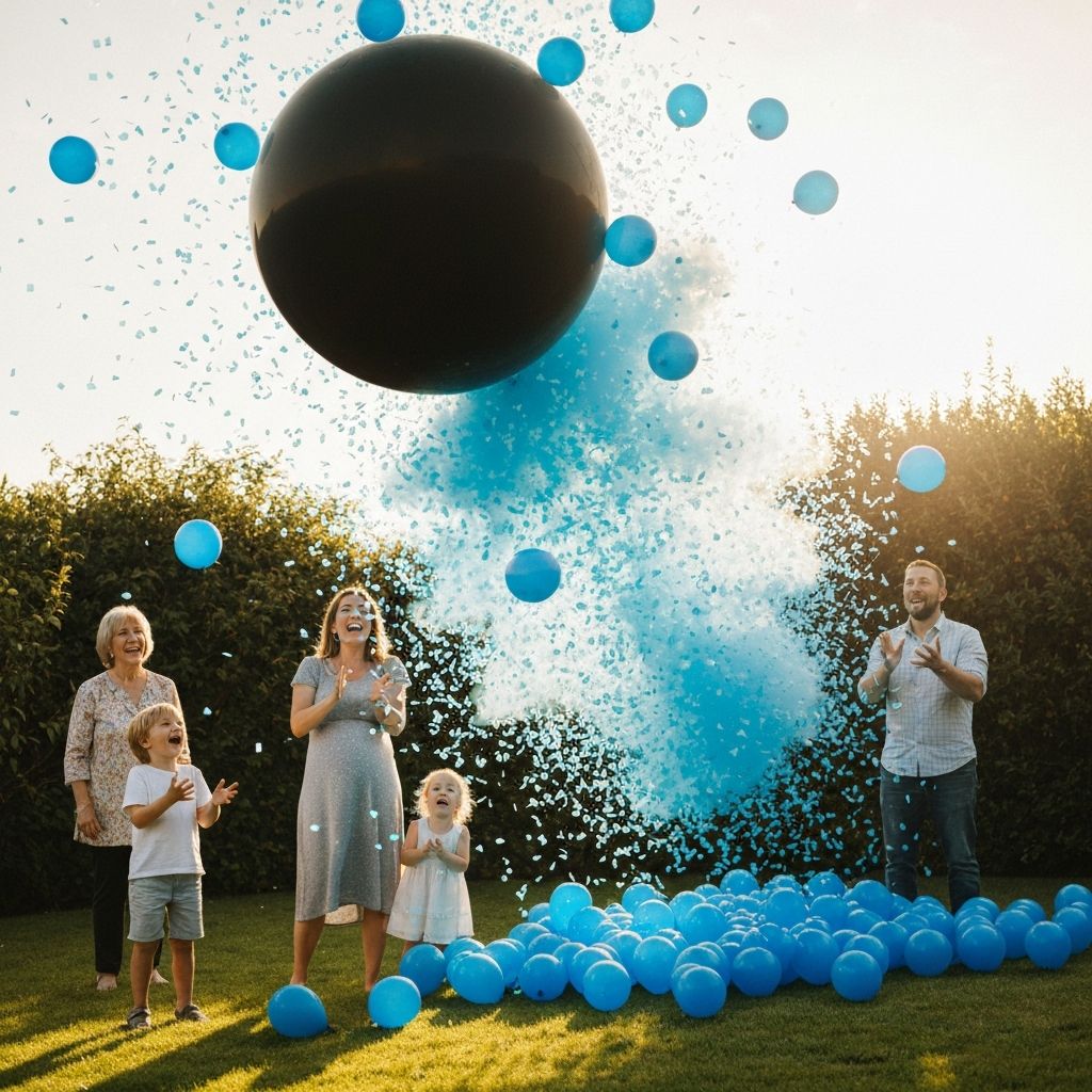 Gender reveal con explosion de confeti azul