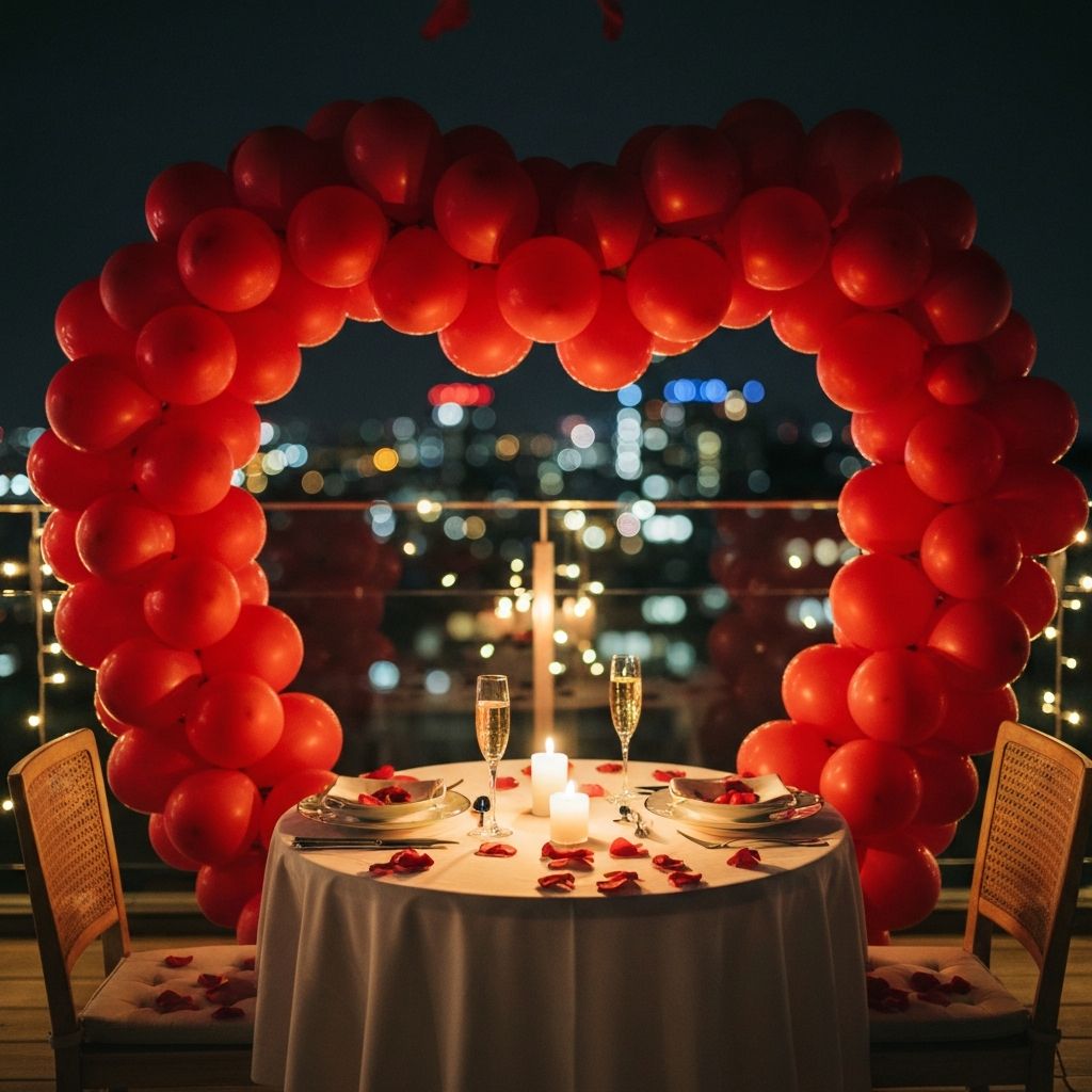 Propuesta romantica con arco de corazones rojos