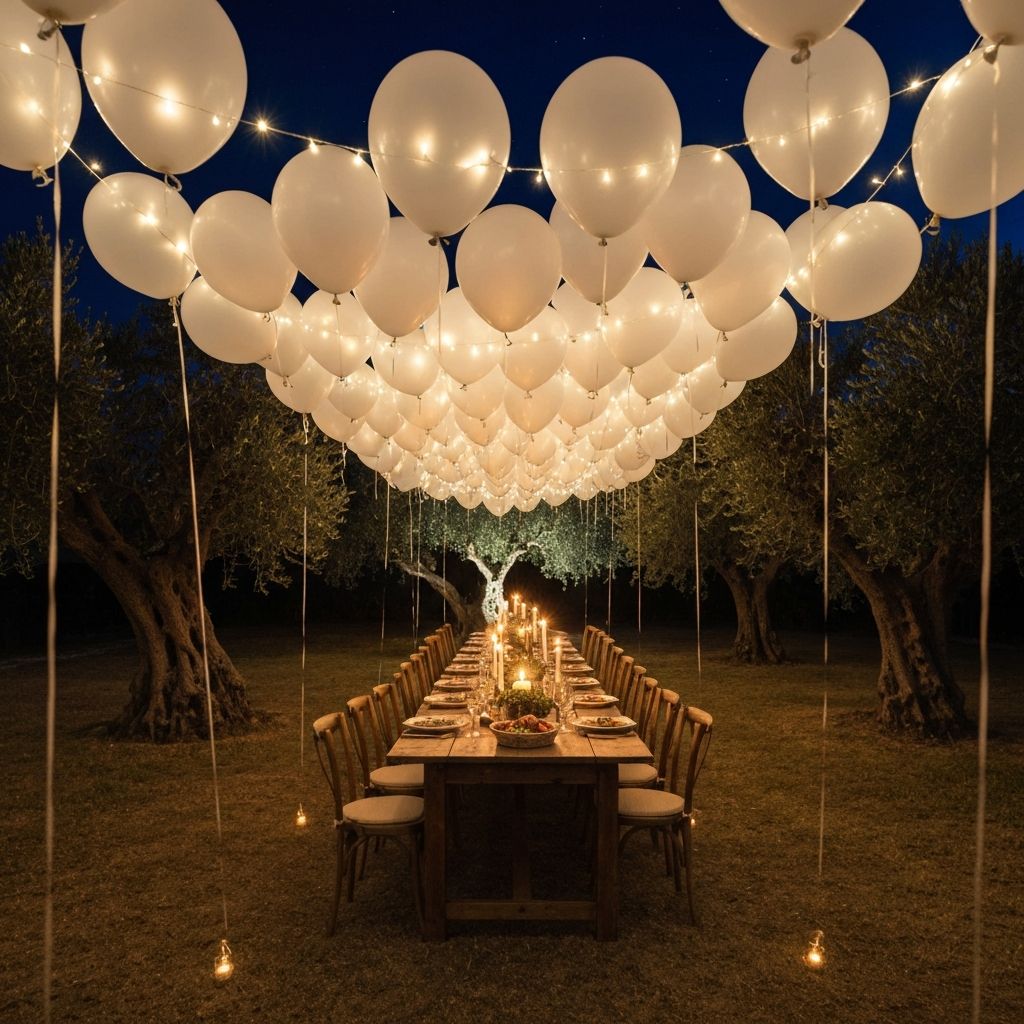 Cena bajo dosel de globos blancos