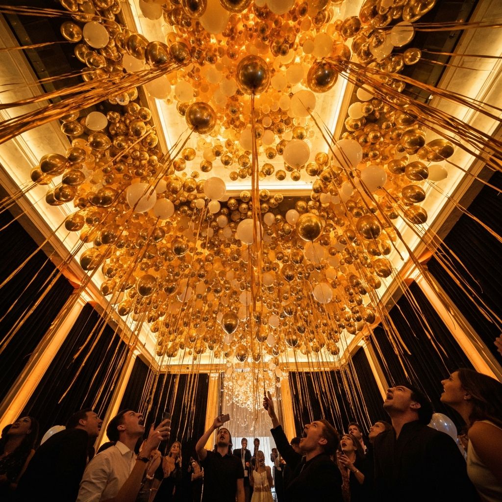 Espectacular instalacion de miles de globos dorados en un techo